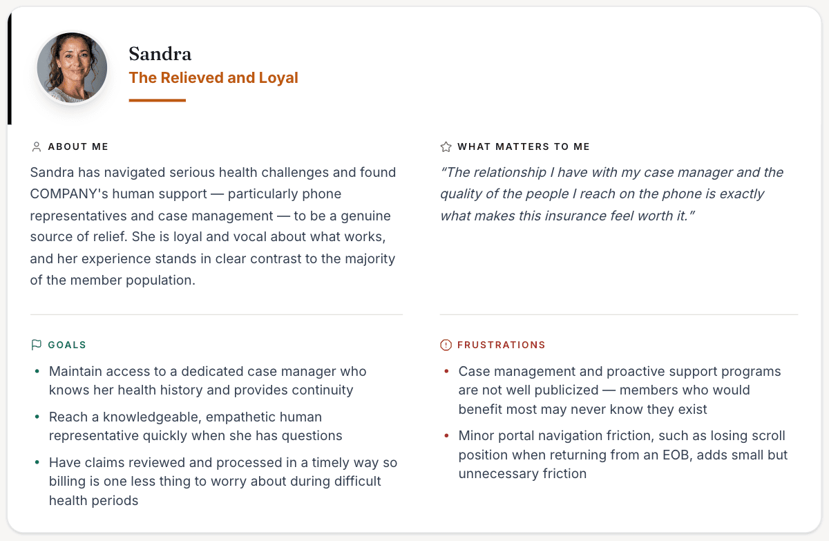 A Discern persona card for “Sandra, the Relieved and Loyal,” with an about-me summary, what-matters-to-me quote, and goals and frustrations.